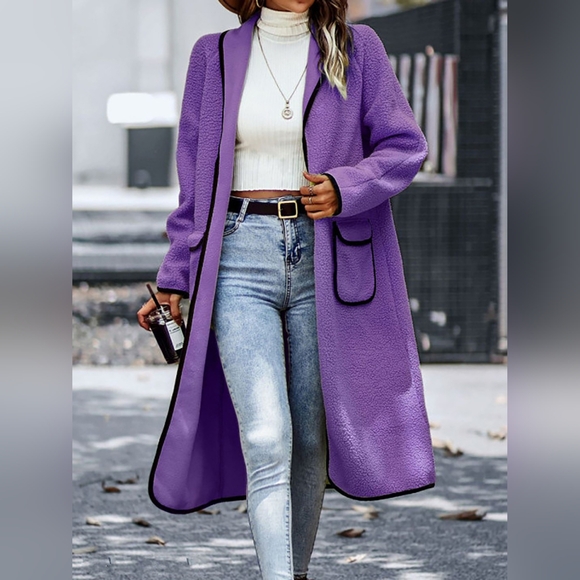 Full Size Contrast Trim Long Sleeve Coat with Pockets - Picture 2 of 5